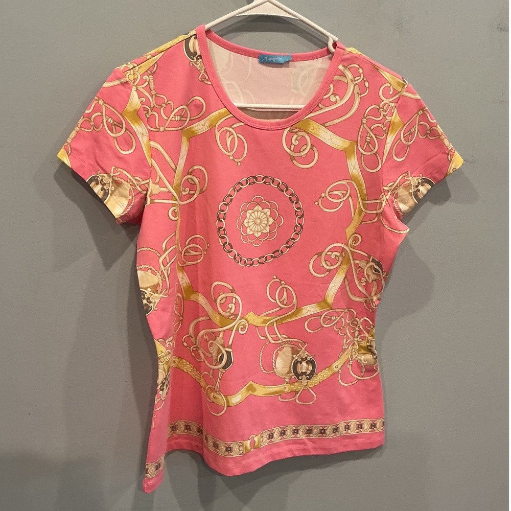 J. McLaughlin Womens Catalina Cloth Top L Pink Gold Chain Scarf Print Tee Preppy